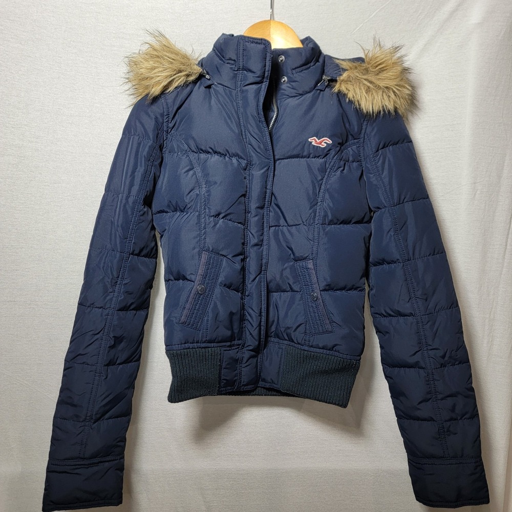 Vintage Hollister Puffer Jacket Teen Y2K Faux Fur‎ Lined Hooded Goose Down Small